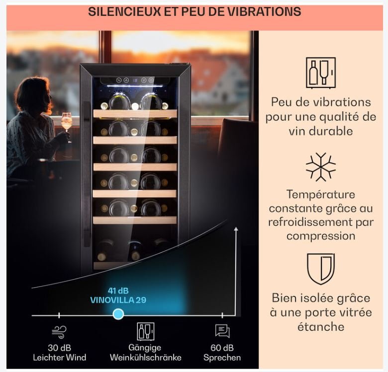 Klarstein Cave a Vin, Réfrigérateur à Vin avec Porte en Verre, Cave à Vin de Vieillissement, Zone Unique, Prosecco, Bière, Ecran Tactile, Réfrigérateur Bar, Frigo, Protection UV, 5-18°C, 31 Bouteilles – Image 5